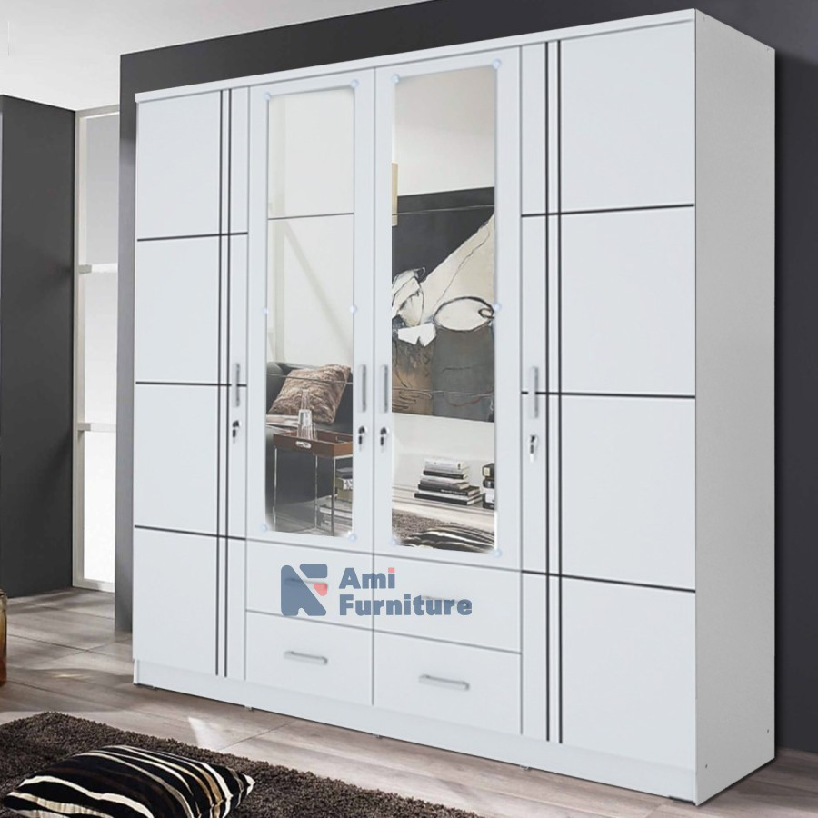 lemari pakaian lemari baju 4 pintu putih minimalis laci LL4P GSTAR